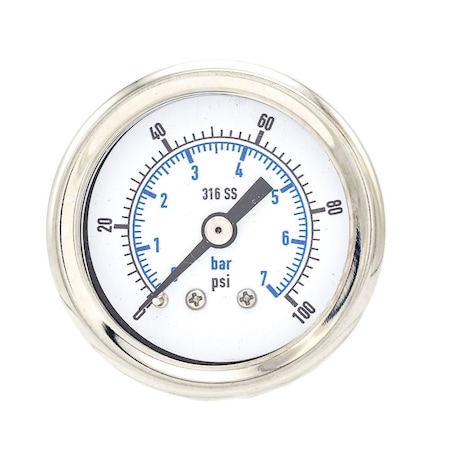 Pro 1 1/2 in Dial, 0/100 PSI & Bar, 1/8 in NPT, Back Mount Dry/Fillable Pressure Gauge PRO-302D-158E-01